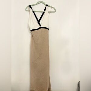 Tan and Black Sheath Cocktail Dress with Halter Neckline